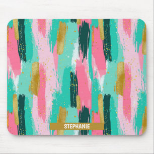Colourful Abstract Brushstrokes - Mint & Pink Mouse Pad