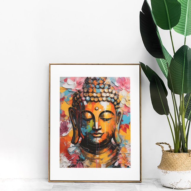 Colourful Abstract Buddha with Floral Accent Poster (Colorful Floral Buddha Art Poster in golden frame with matte next to a large plant.)