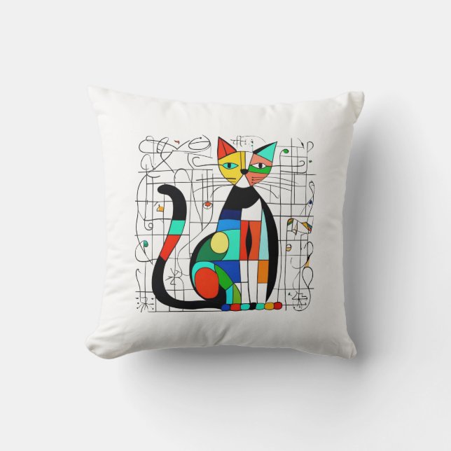 Colourful Abstract Cat Art Cubist Cubism Throw Pillow (Front)