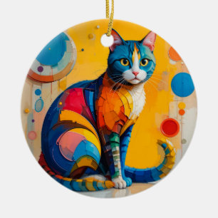 Colourful Abstract Cat Artwork Ceramic Ornament