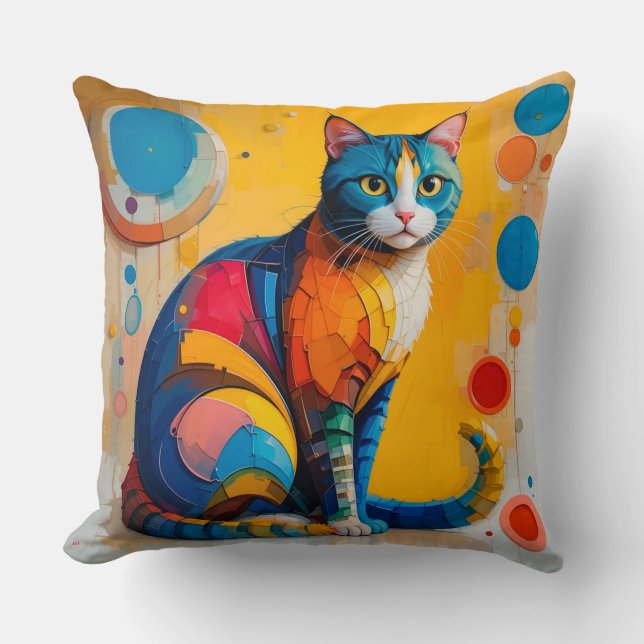 Colourful Abstract Cat Artwork Throw Pillow (Front)