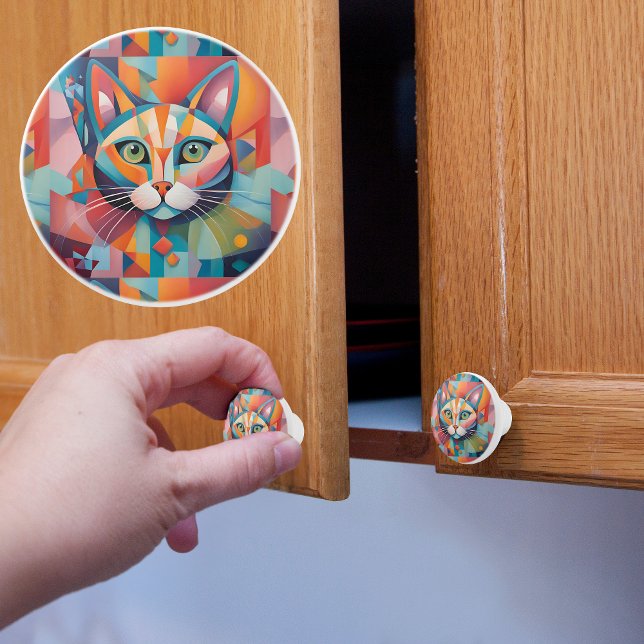 Colourful Abstract Cat Ceramic Knob (Creator Uploaded)