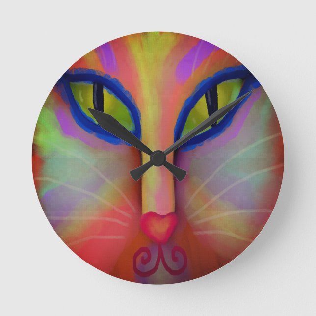 Colourful Abstract Cat Face Painitng Round Clock (Front)