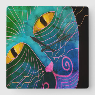 Colourful Abstract Cat Face Square Wall Clock