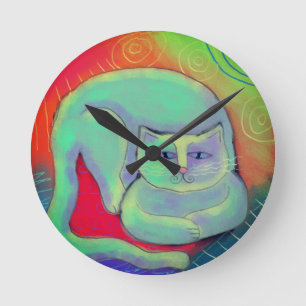Colourful Abstract Cat Painting Round Clock