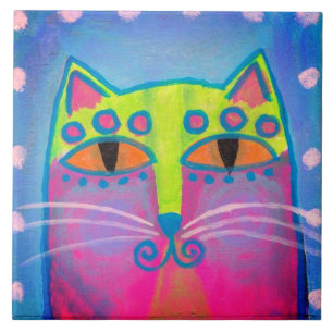 Colourful Abstract Cat Painting Tile