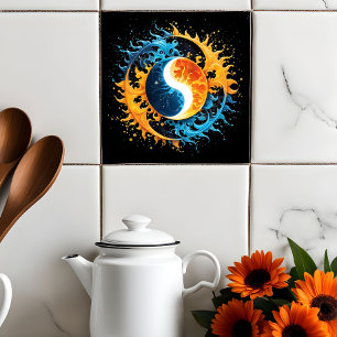 Colourful Abstract Celestial Moon and Sun Splash Tile