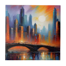 Colourful Abstract Cityscape Bridge Oil Paint