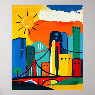 Colourful Abstract Cityscape with Sun and Bridge Poster