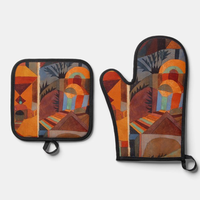 Colourful Abstract Cubism Klee Temple Gardens Oven Mitt & Pot Holder Set (Front)