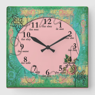 Colourful Abstract Design Green -Numbers in Spanis Square Wall Clock
