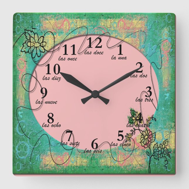 Colourful Abstract Design Green -Numbers in Spanis Square Wall Clock (Front)