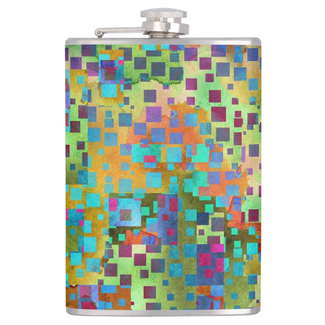Colourful Abstract Digital Art with Squares Hip Flask (Front)