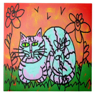 Colourful Abstract Digital Cat Painting Tile