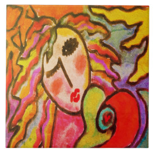Colourful Abstract Digital Portrait of a Woman Tile