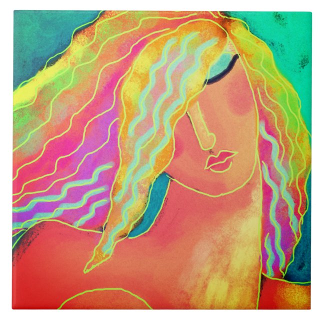 Colourful Abstract Digital Portrait of a Woman Tile (Front)