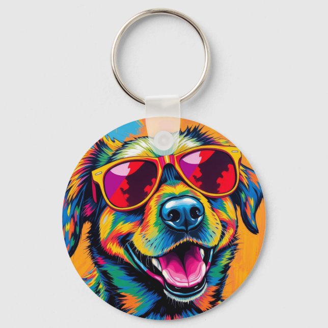 Colourful Abstract Dog with Sunglasses Keychain (Front)
