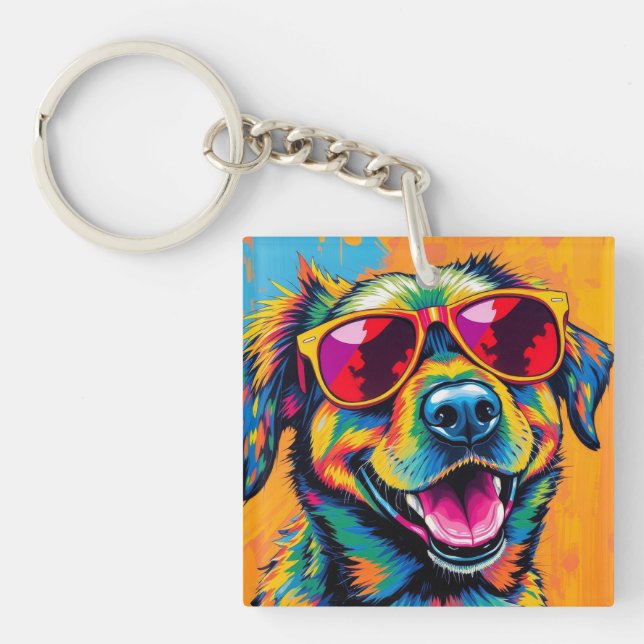 Colourful Abstract Dog with Sunglasses Keychain (Front)