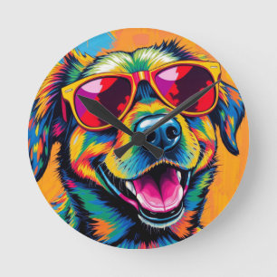Colourful Abstract Dog with Sunglasses Round Clock