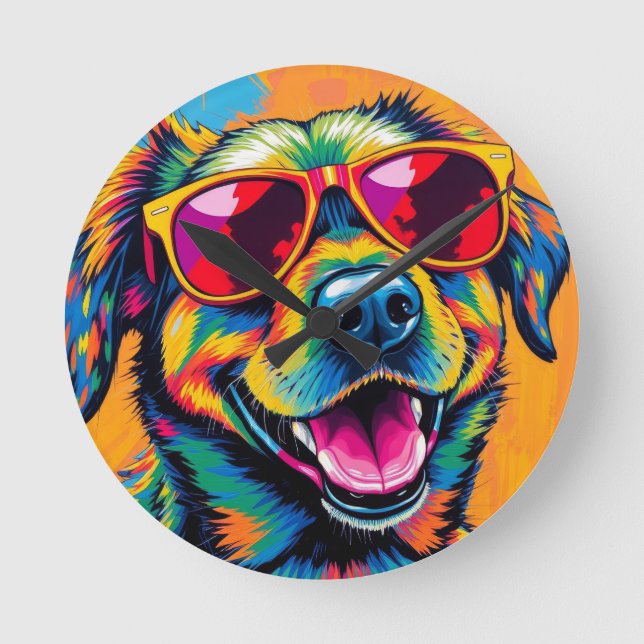 Colourful Abstract Dog with Sunglasses Round Clock (Front)