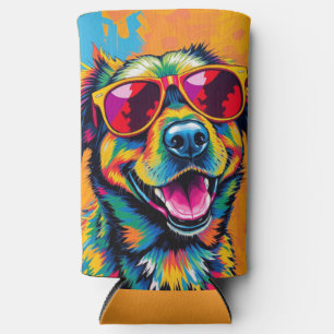 Colourful Abstract Dog with Sunglasses Seltzer Can Cooler