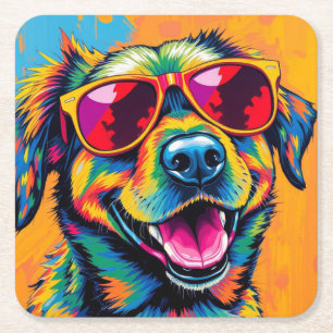 Colourful Abstract Dog with Sunglasses Square Paper Coaster