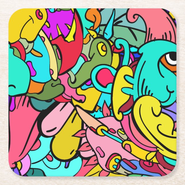Colourful Abstract Doodle Art Square Paper Coaster (Front)