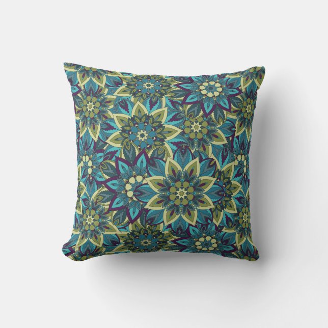 Colourful abstract ethnic floral mandala pattern throw pillow (Front)