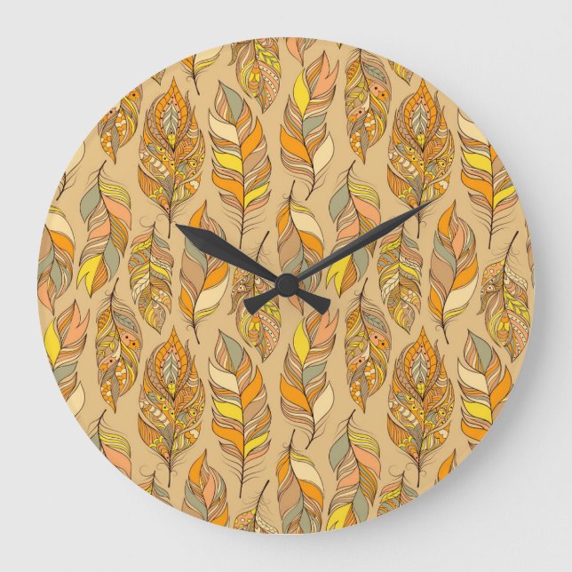 Colourful Abstract Feathers: Vintage Pattern Large Clock (Front)
