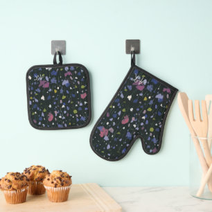 Colourful Abstract Floral Pattern Name Initial Oven Mitt & Pot Holder Set