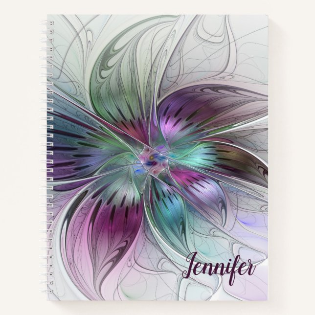 Colourful Abstract Flower Floral Fractal Art Name Notebook (Front)