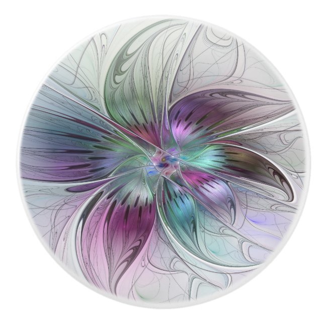 Colourful Abstract Flower Modern Floral Fractal Ar Ceramic Knob (Front)