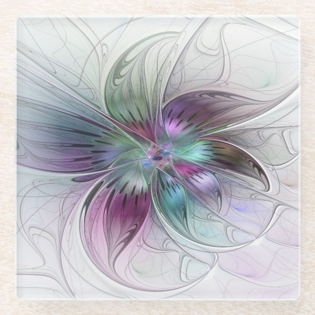 Colourful Abstract Flower Modern Floral Fractal Ar Glass Coaster (Front)