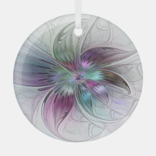 Colourful Abstract Flower Modern Floral Fractal Ar Glass Ornament