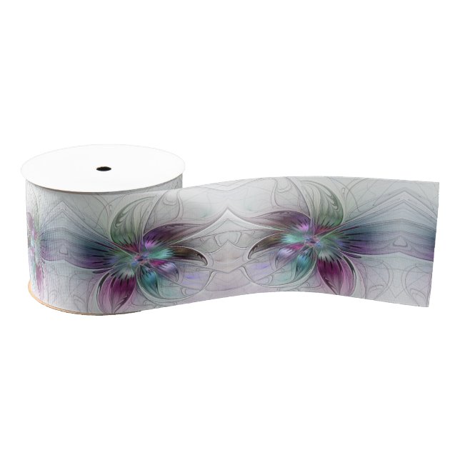 Colourful Abstract Flower Modern Floral Fractal Ar Grosgrain Ribbon (Spool)