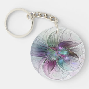 Colourful Abstract Flower Modern Floral Fractal Ar Keychain