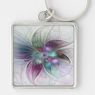Colourful Abstract Flower Modern Floral Fractal Ar Keychain