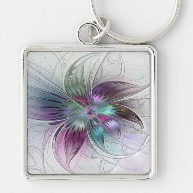 Colourful Abstract Flower Modern Floral Fractal Ar Keychain (Front)