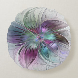 Colourful Abstract Flower Modern Floral Fractal Ar Round Pillow