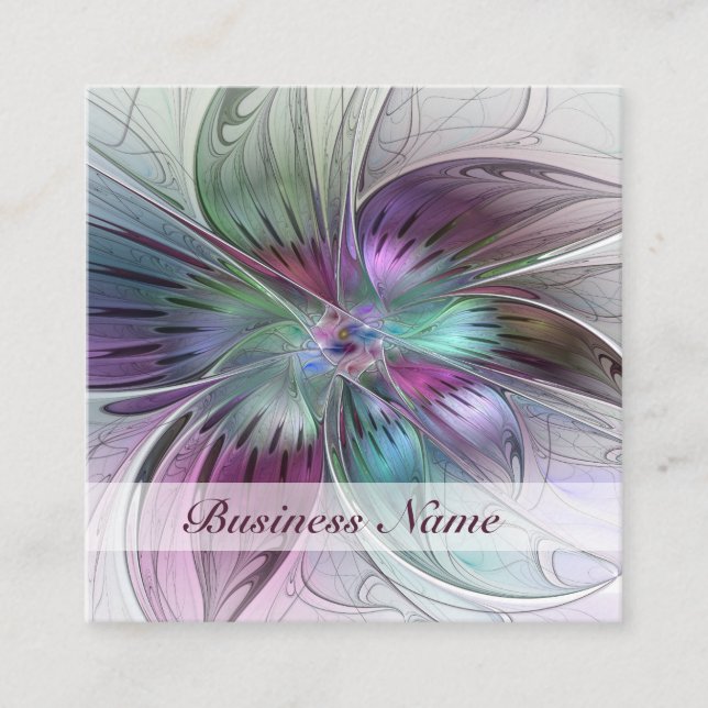 Colourful Abstract Flower Modern Floral Fractal Ar Square Business Card (Front)