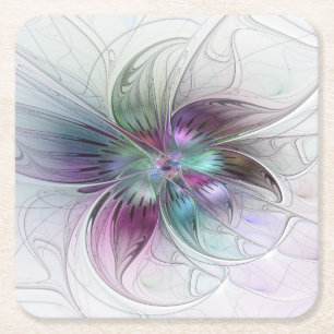 Colourful Abstract Flower Modern Floral Fractal Ar Square Paper Coaster