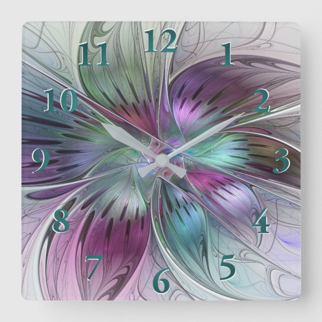 Colourful Abstract Flower Modern Floral Fractal Ar Square Wall Clock (Front)
