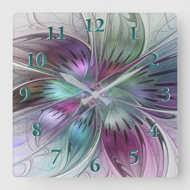 Colourful Abstract Flower Modern Floral Fractal Ar Square Wall Clock (Front)