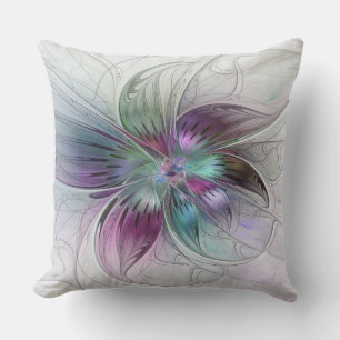 Colourful Abstract Flower Modern Floral Fractal Ar Throw Pillow