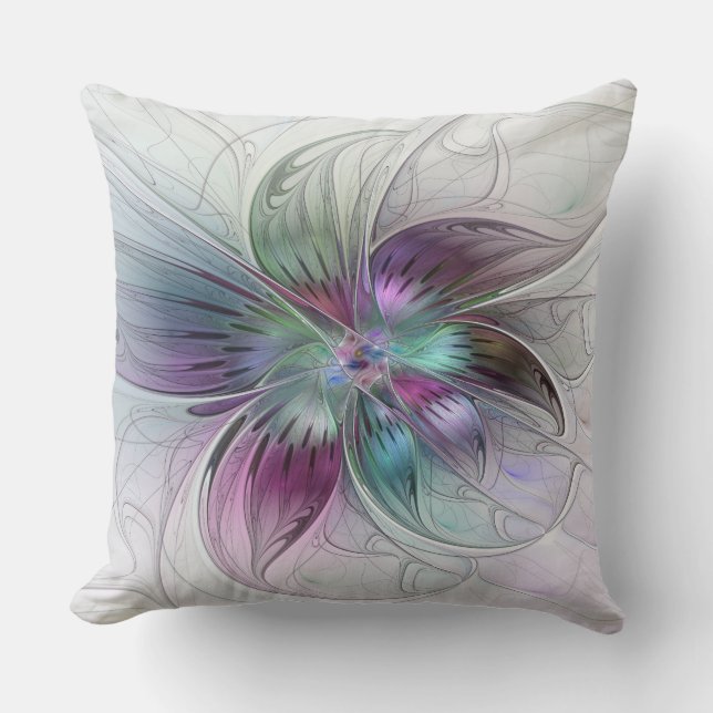 Colourful Abstract Flower Modern Floral Fractal Ar Throw Pillow (Front)