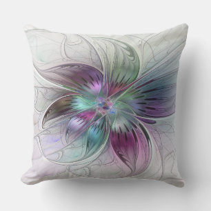 Colourful Abstract Flower Modern Floral Fractal Ar Throw Pillow