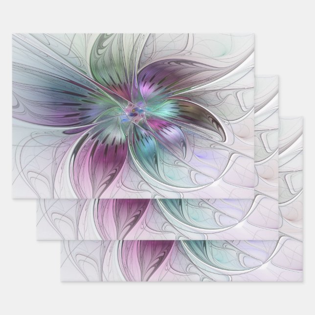 Colourful Abstract Flower Modern Floral Fractal Ar Wrapping Paper Sheet (Set)