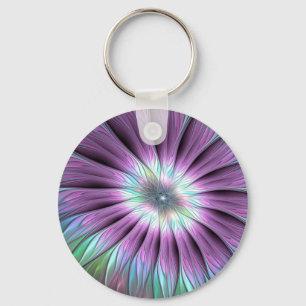 Colourful Abstract Flower Pink Blue Green Fractal Keychain