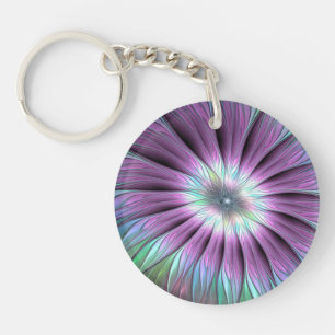 Colourful Abstract Flower Pink Blue Green Fractal Keychain