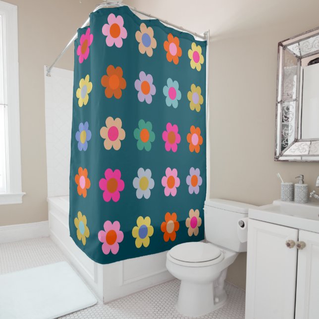 Colourful Abstract Flowers Navy Blue Retro Floral  (In Situ)